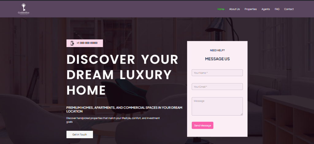 Modern real estate website design with luxury property listings, responsive layout, and premium business interface