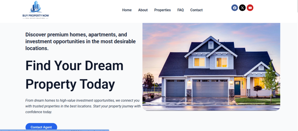 Modern real estate landing page showcasing premium properties and investment opportunities.
